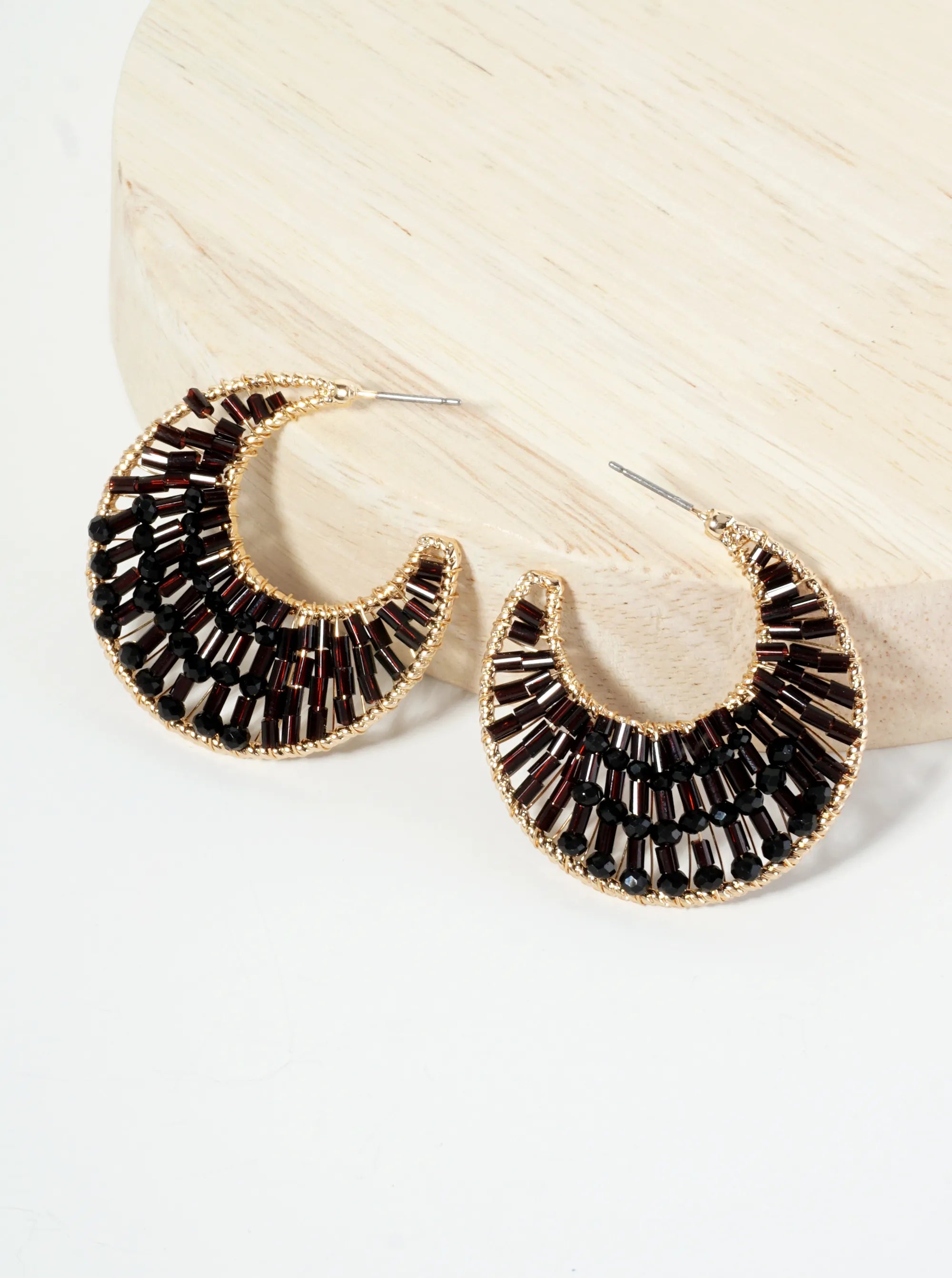 35mm Crescent Hoop Earrings Filled With Glass Beads