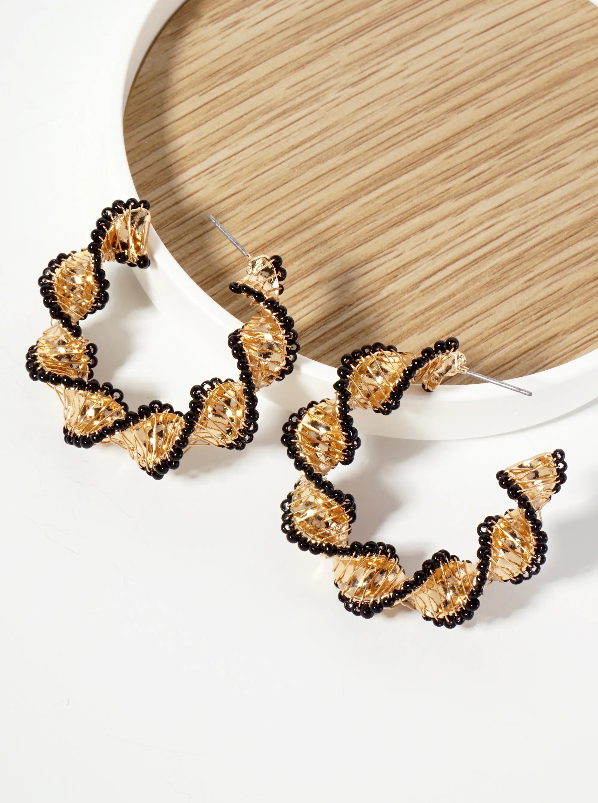 40mm Seed-Bead Wire-Wrapped Twisted Open Hoop Earrings