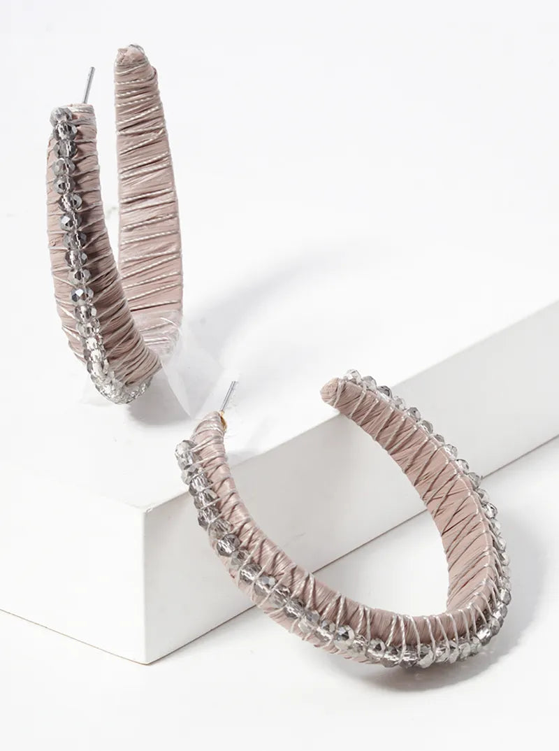 40mm Glass Bead And Raffia Wrapped Open Hoop Earrings