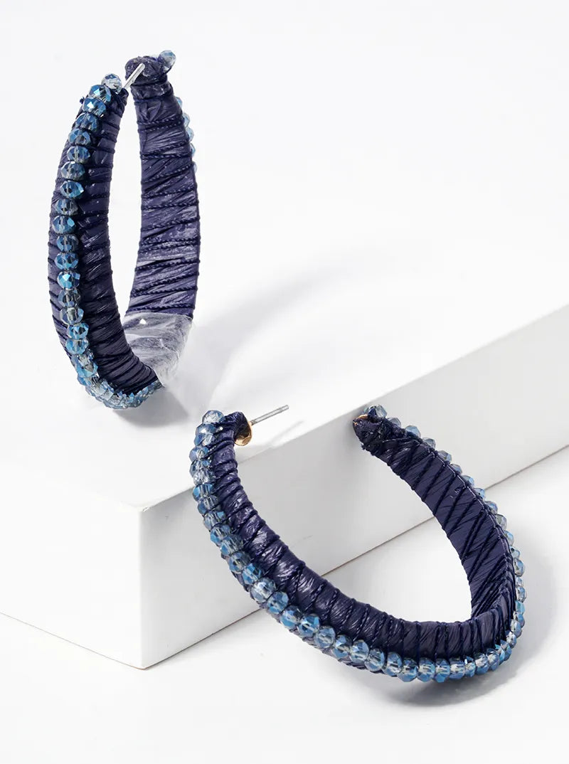 40mm Glass Bead And Raffia Wrapped Open Hoop Earrings