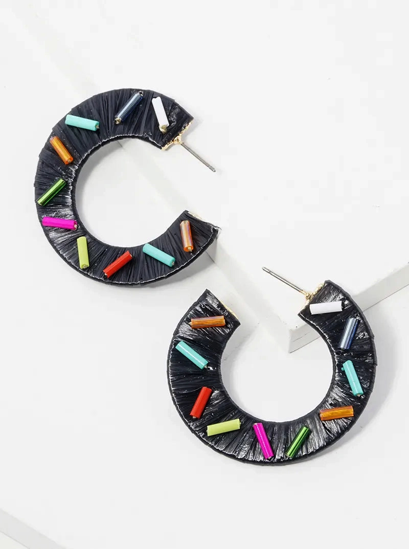 40mm Raffia Wrapped Sprinkle Open Hoop Earrings