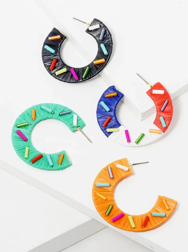 40mm Raffia Wrapped Sprinkle Open Hoop Earrings