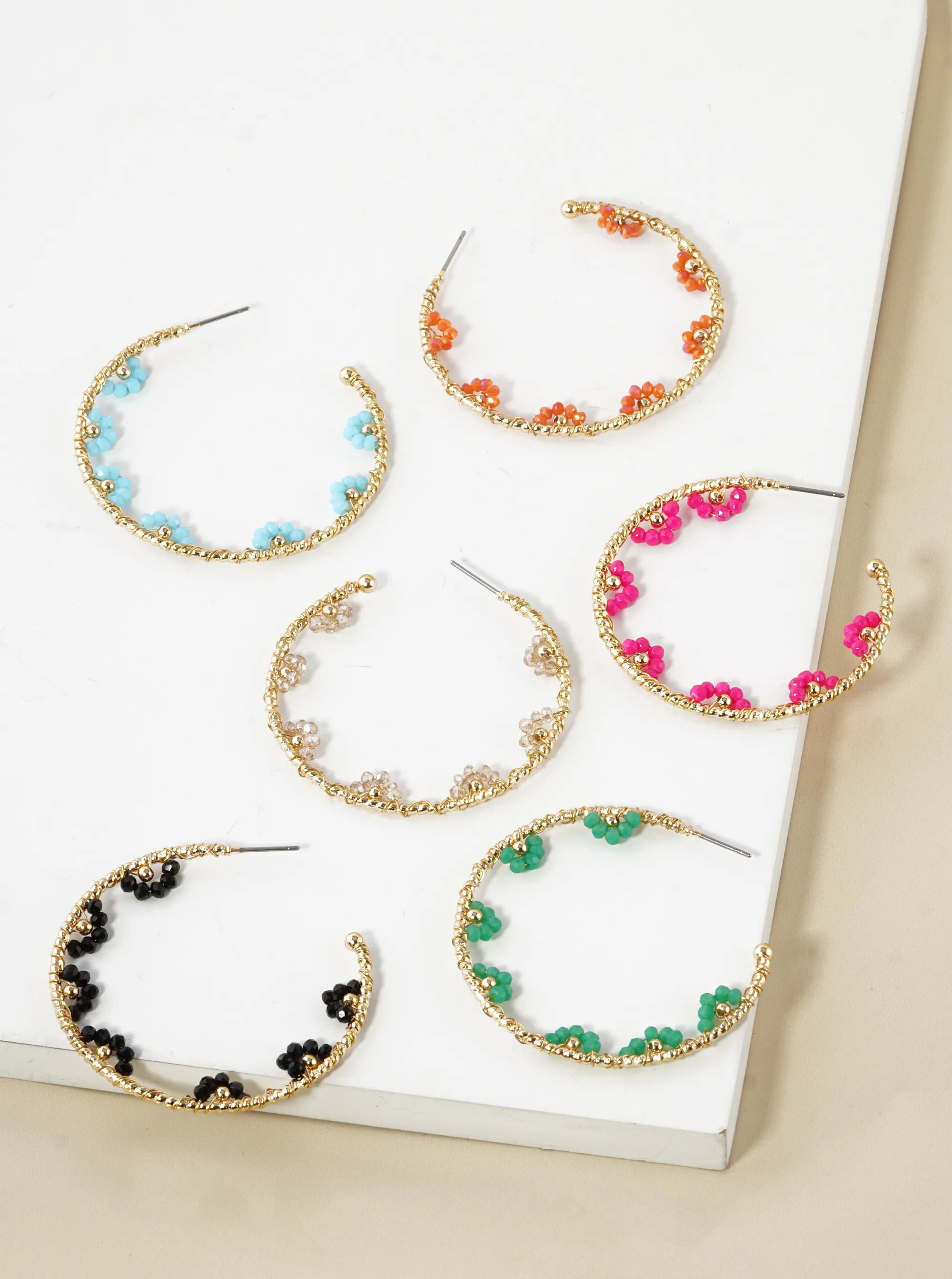 45mm Glass Beads Wired Wrapped Lightweight Open Hoop Earrings