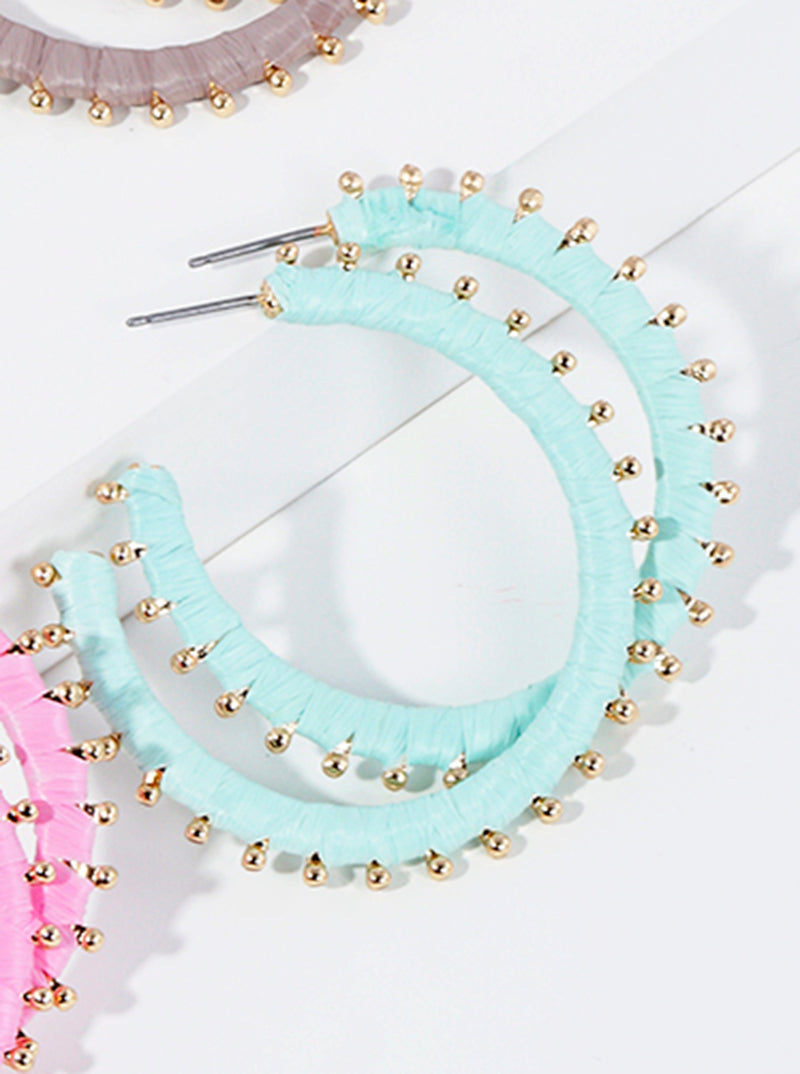 45mm Raffia Wrapped Ball Point Open Hoop Earrings