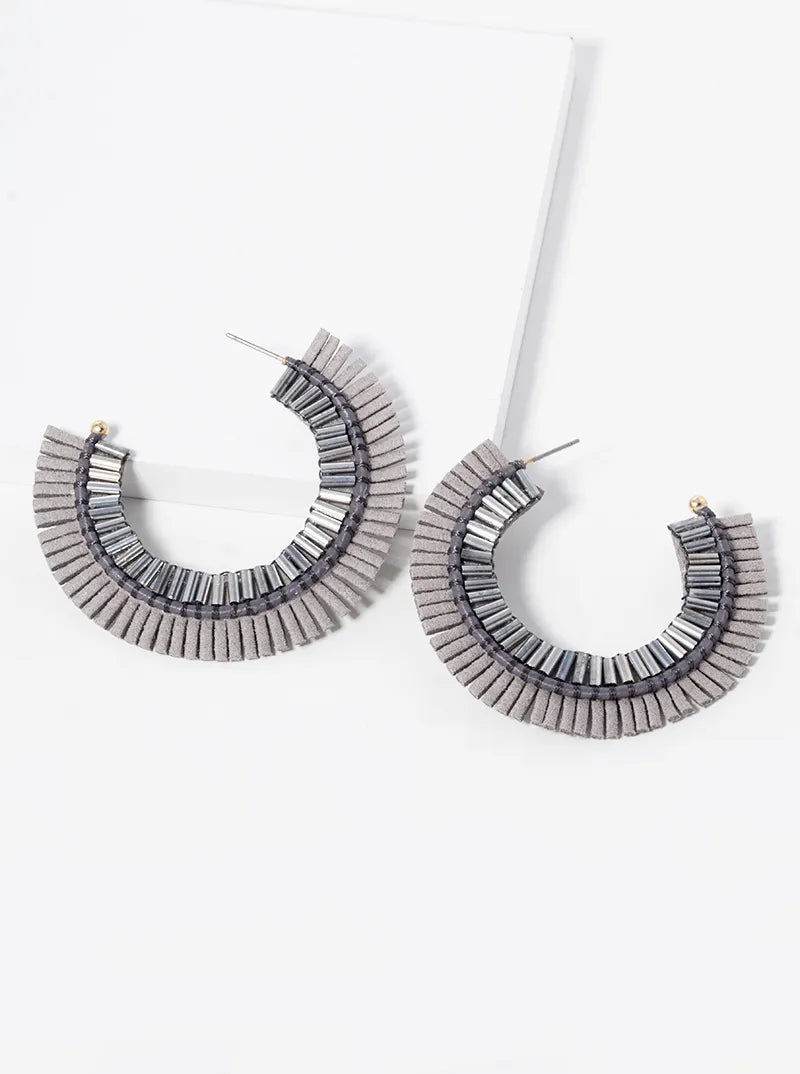 45mm Suede And Beads Round Hoop Earrings