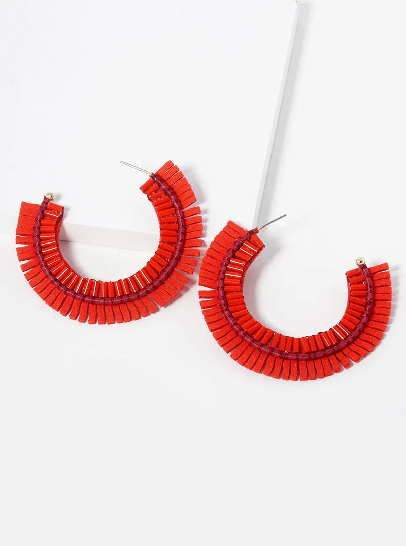 45mm Suede And Beads Round Hoop Earrings