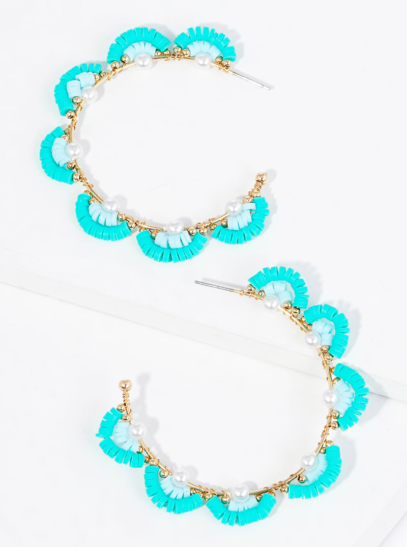 45mm Pearl And Clay Beaded Flower Open Hoop Earrings