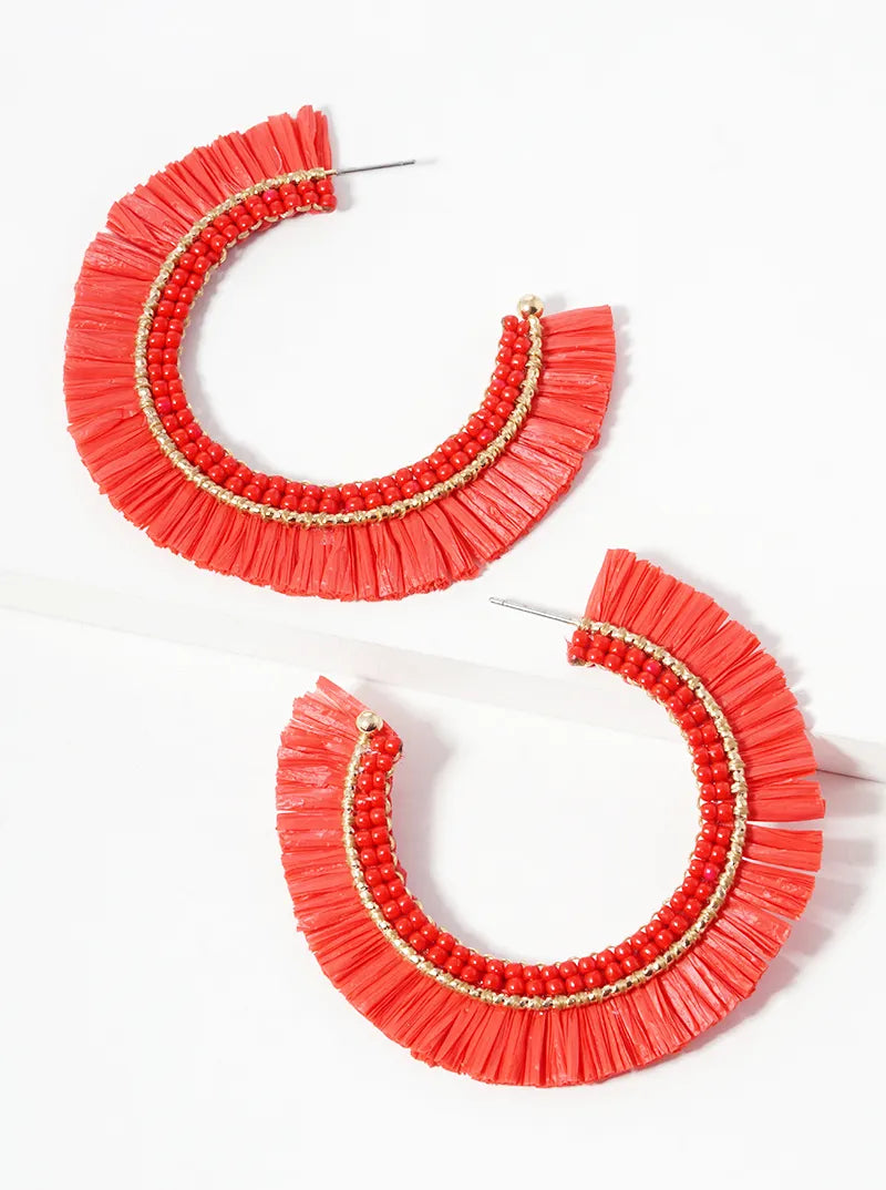 45mm Seed Beaded Raffia Fringe Open Hoop Earrings