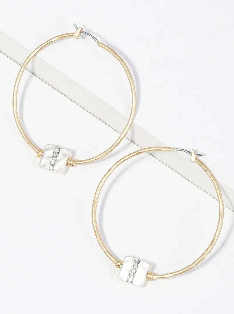 45mm Textured Metal Crystal Pave Square Accent Hinged Hoop Earrings