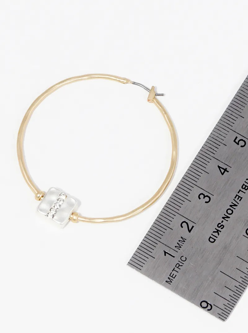 45mm Textured Metal Crystal Pave Square Accent Hinged Hoop Earrings