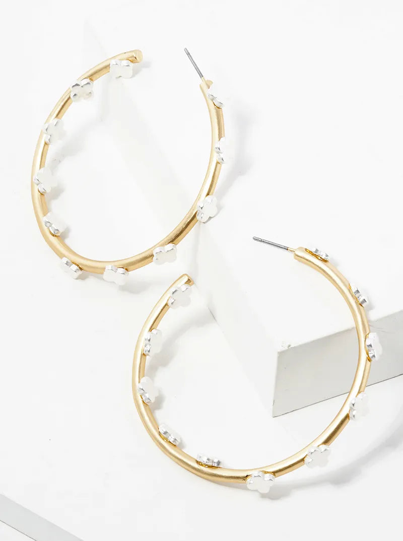 50mm Dual-Tone Metal Quatrefoil Decorated Open Hoop Earrings
