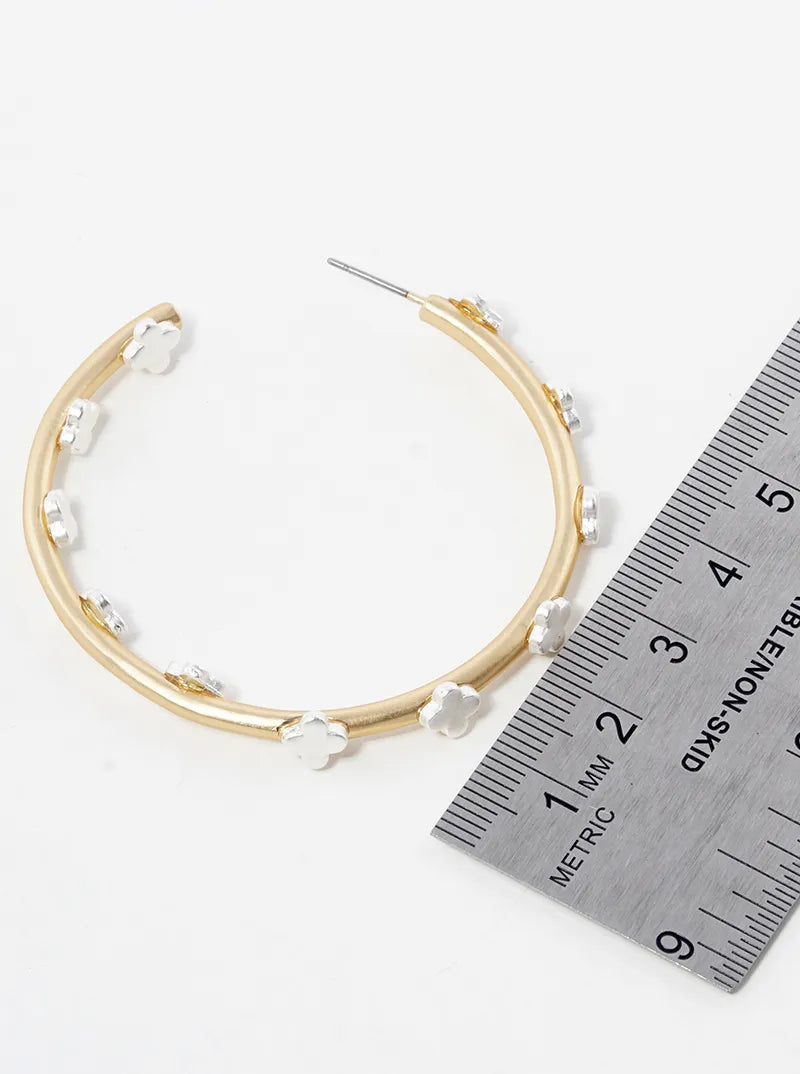 50mm Dual-Tone Metal Quatrefoil Decorated Open Hoop Earrings