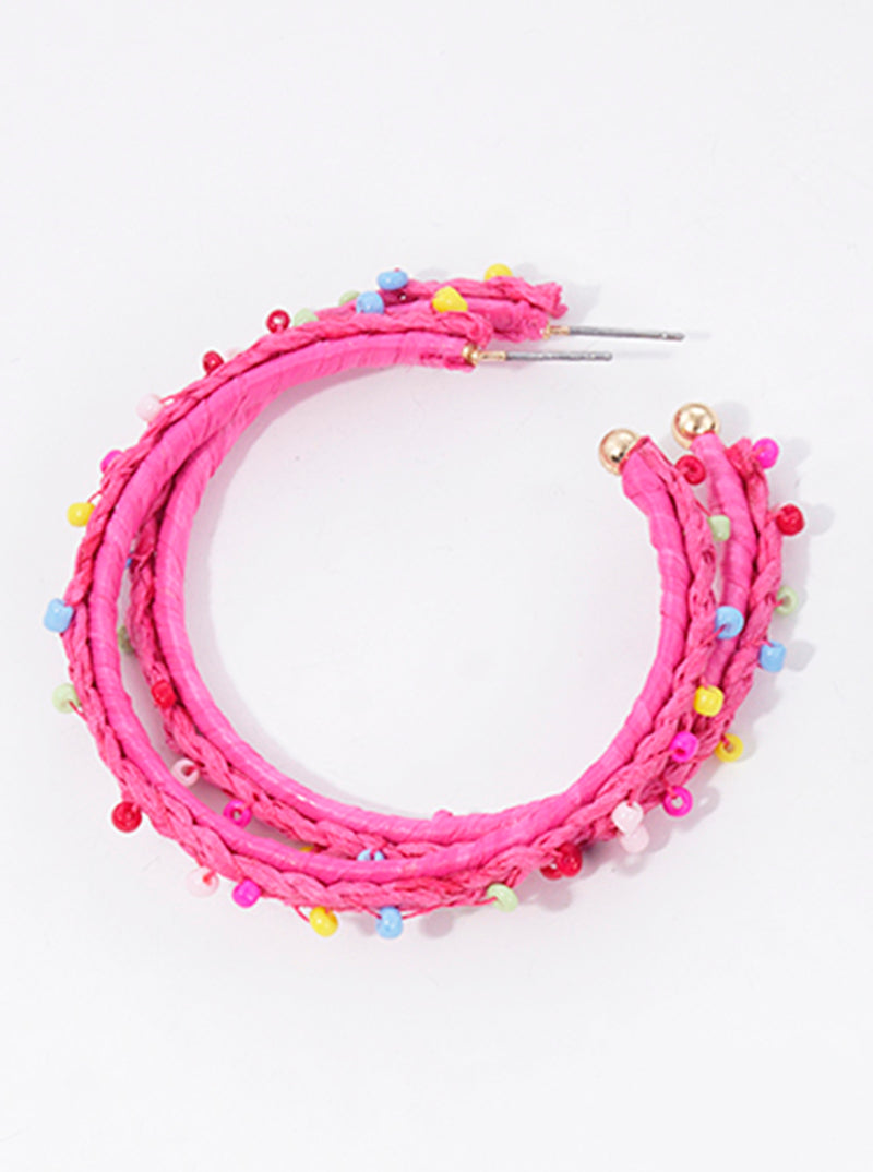 50mm Seed Beaded Raffia Wrapped 50mm Hoop Earrings