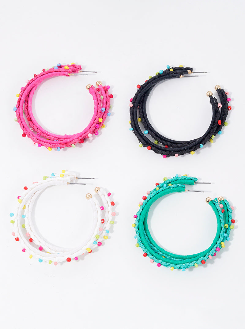 50mm Seed Beaded Raffia Wrapped 50mm Hoop Earrings