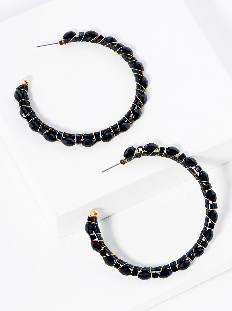 50mm Glass Beaded Raffia Open Hoop Earrings