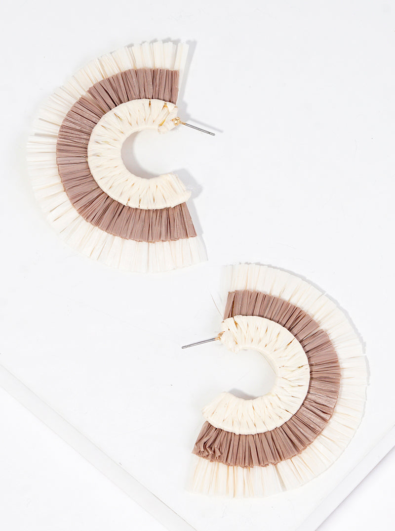 50mm Two Tone Raffia Fan Open Hoop Earrings