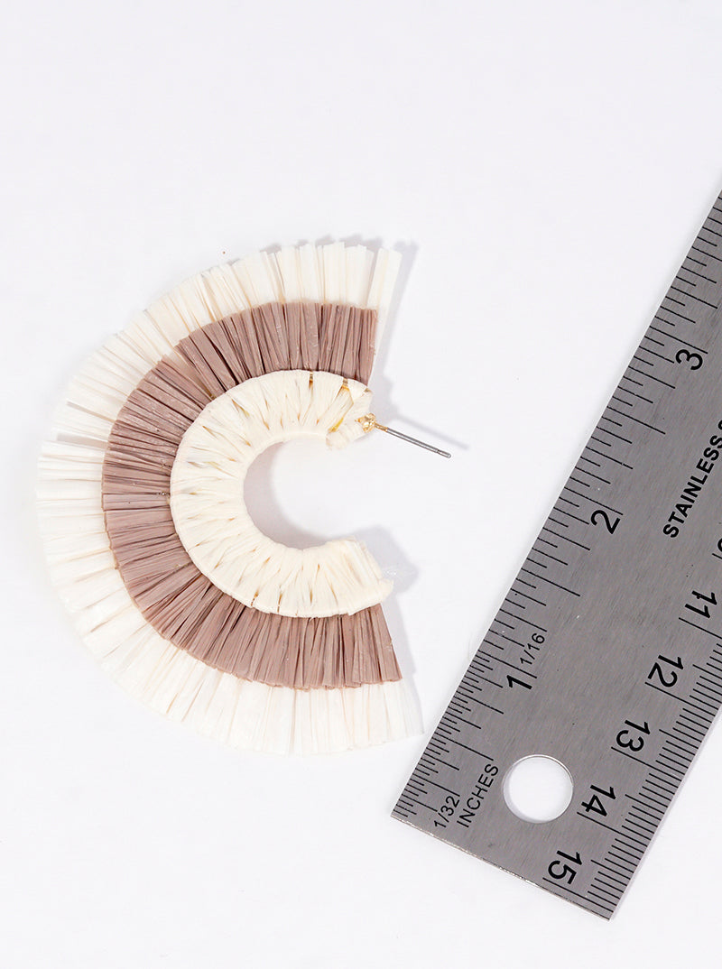 50mm Two Tone Raffia Fan Open Hoop Earrings