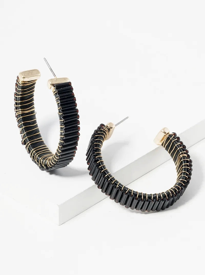 7mm Bugle Beads Wire Wrapped 35mm Open Hoop Earrings