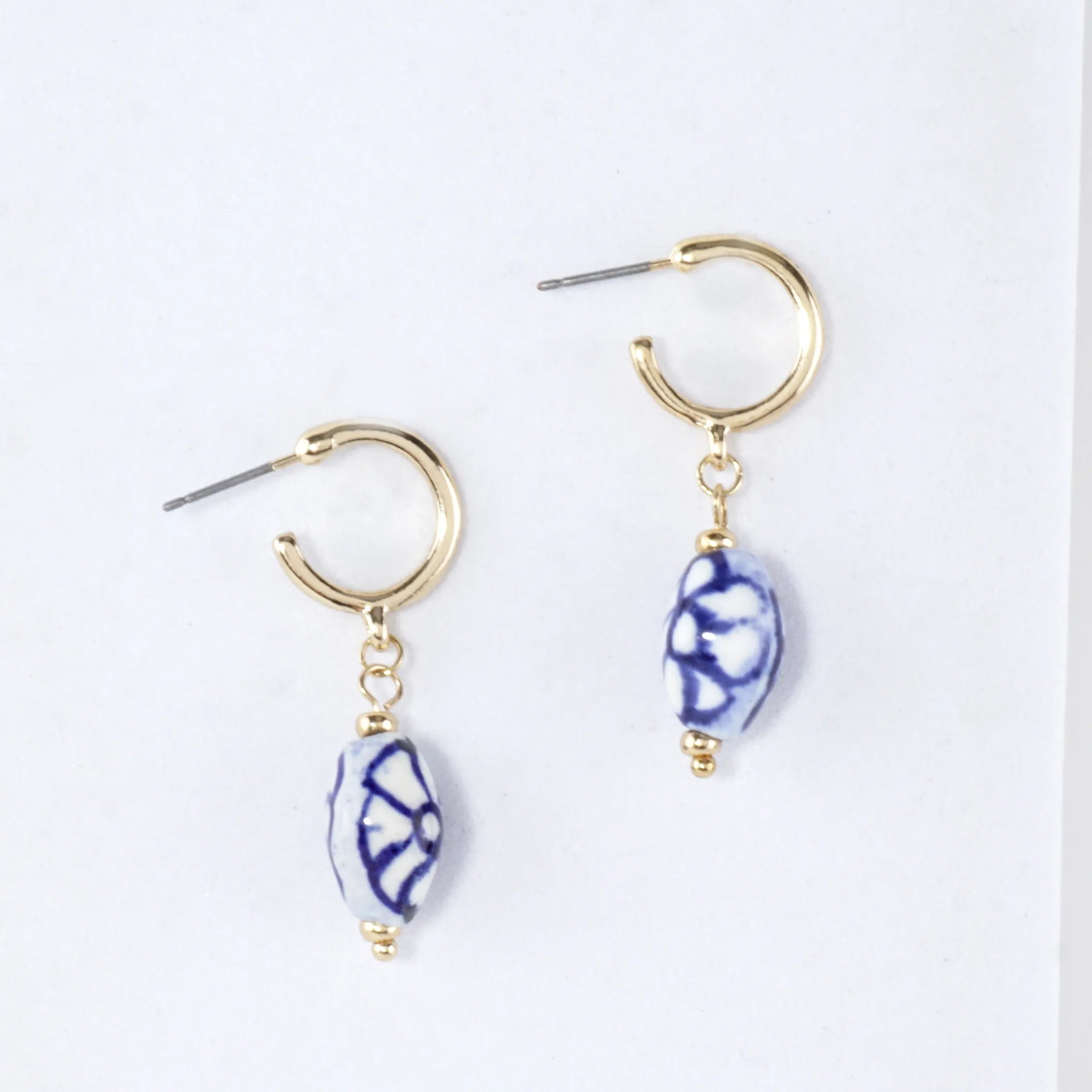 Blue White Porcelain Bead Hoop Earrings