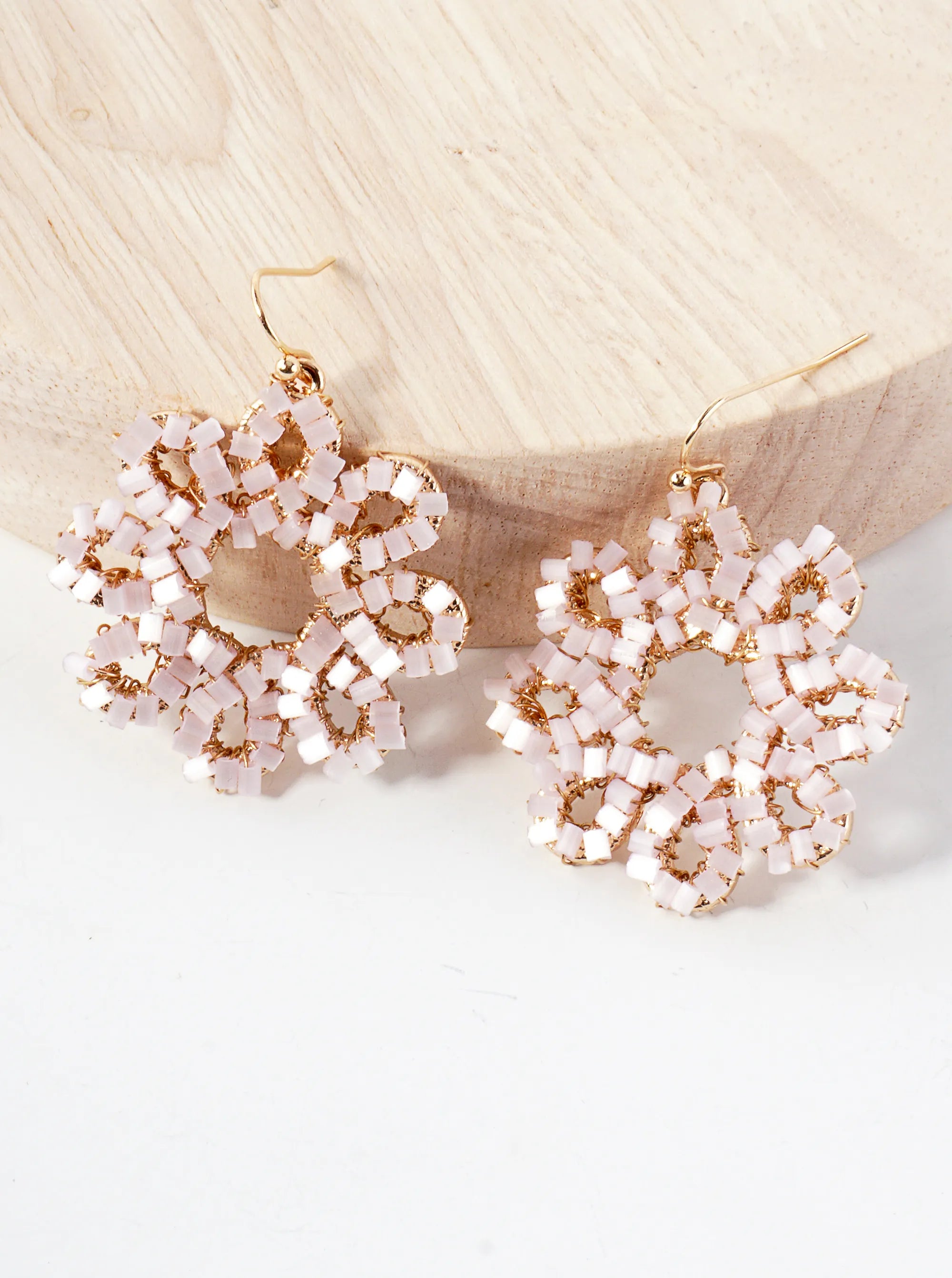 Botanical-Theme Cylinder Glass Beads Wire-Wrapped Floral Flower Dangle Earrings