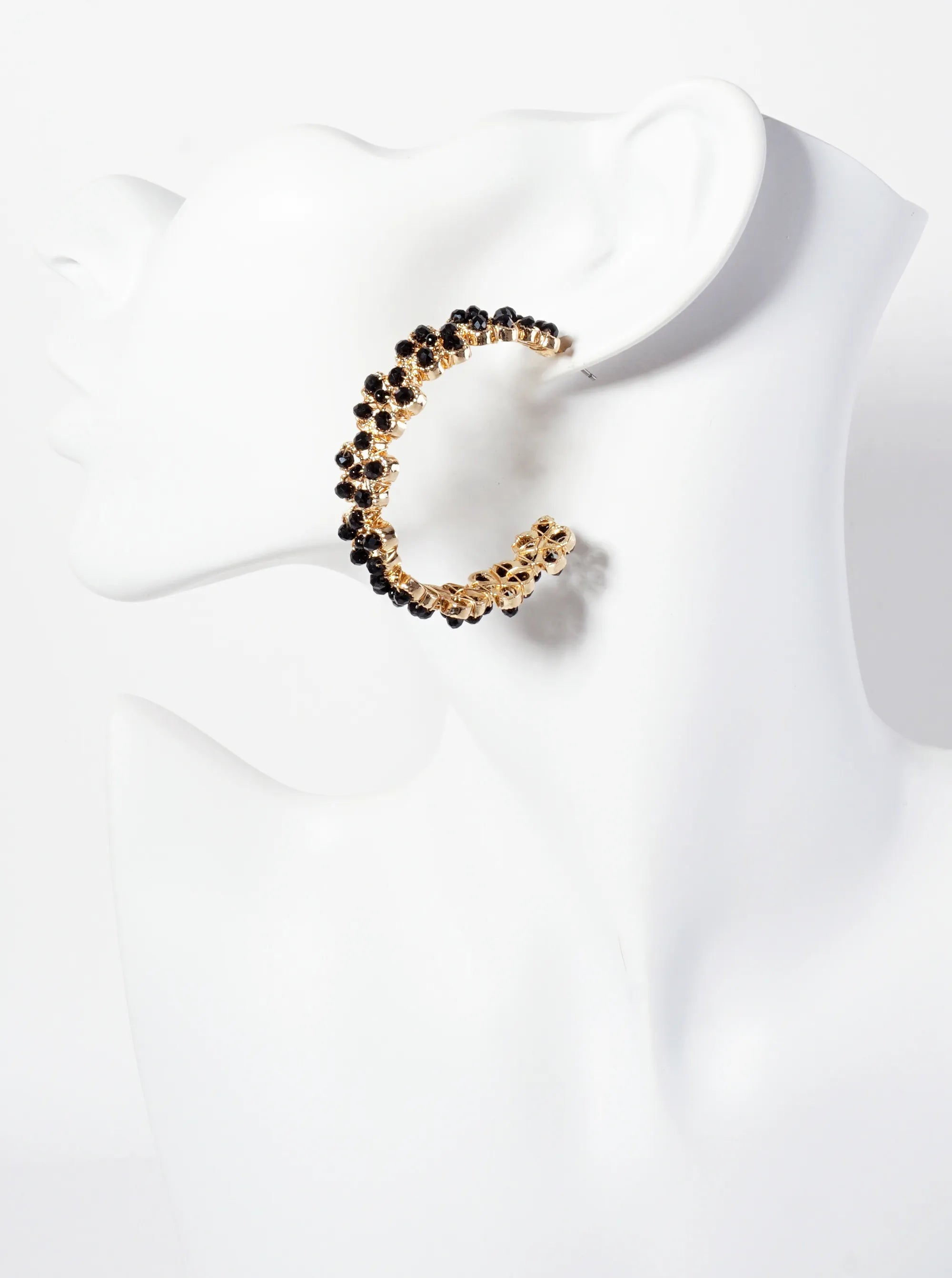 Botanical-Theme Flower-Shaped Embedded Glass-Beads 50mm Open Hoop Earrings