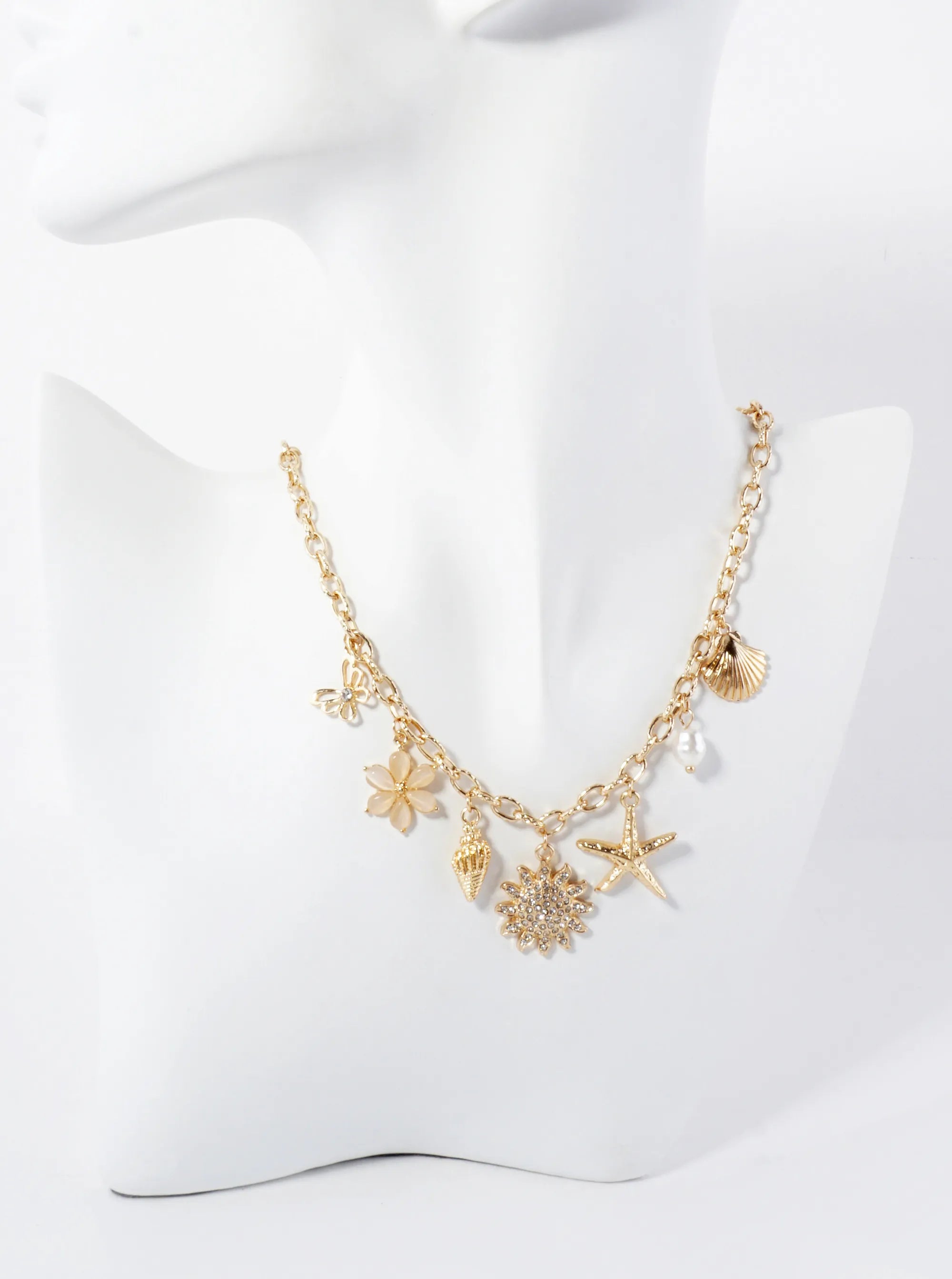 Butterfly Flower Conch Seashell Pave Crystal Sunburst Starfish Pearl Charm 16-Inch Necklace