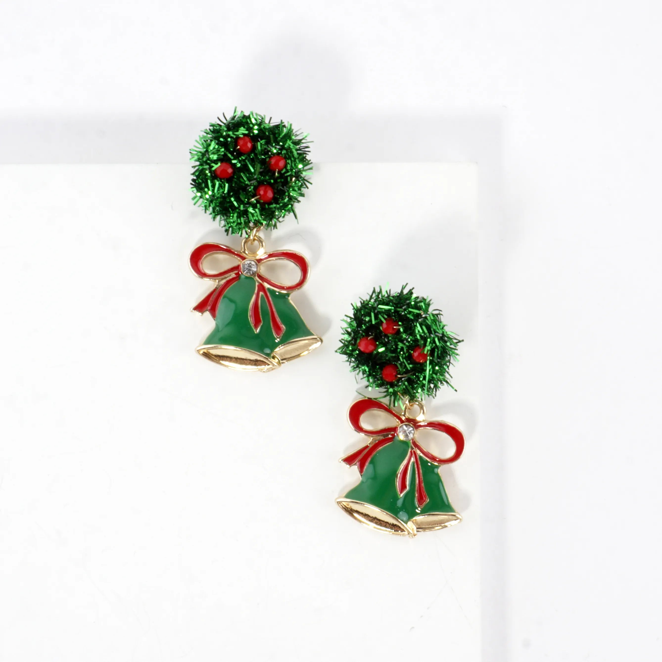 Christmas Wreath And Enamel Bells Dangle Earrings