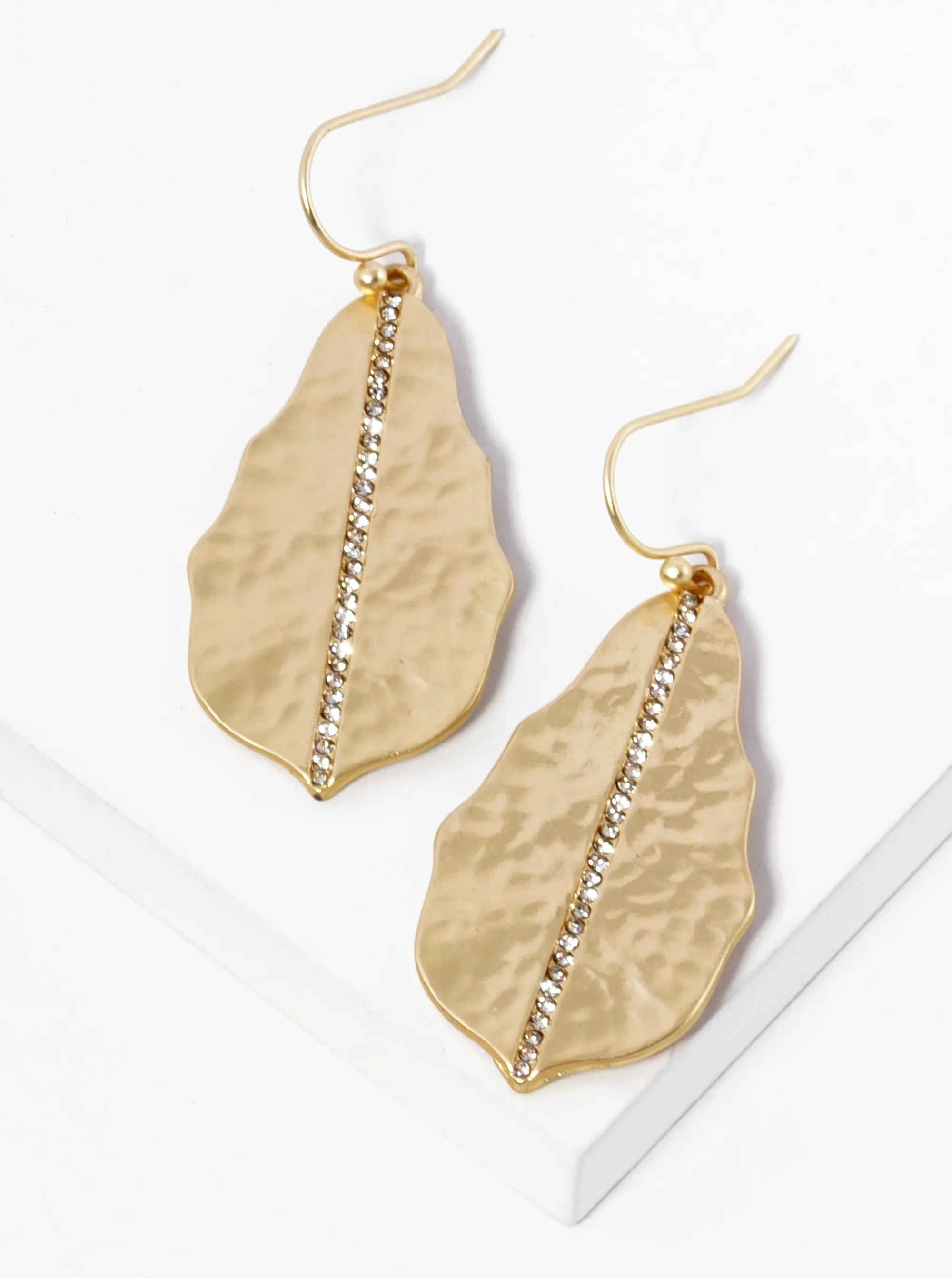 Crystal Pave Hammered Metal Dangle Drop Earrings