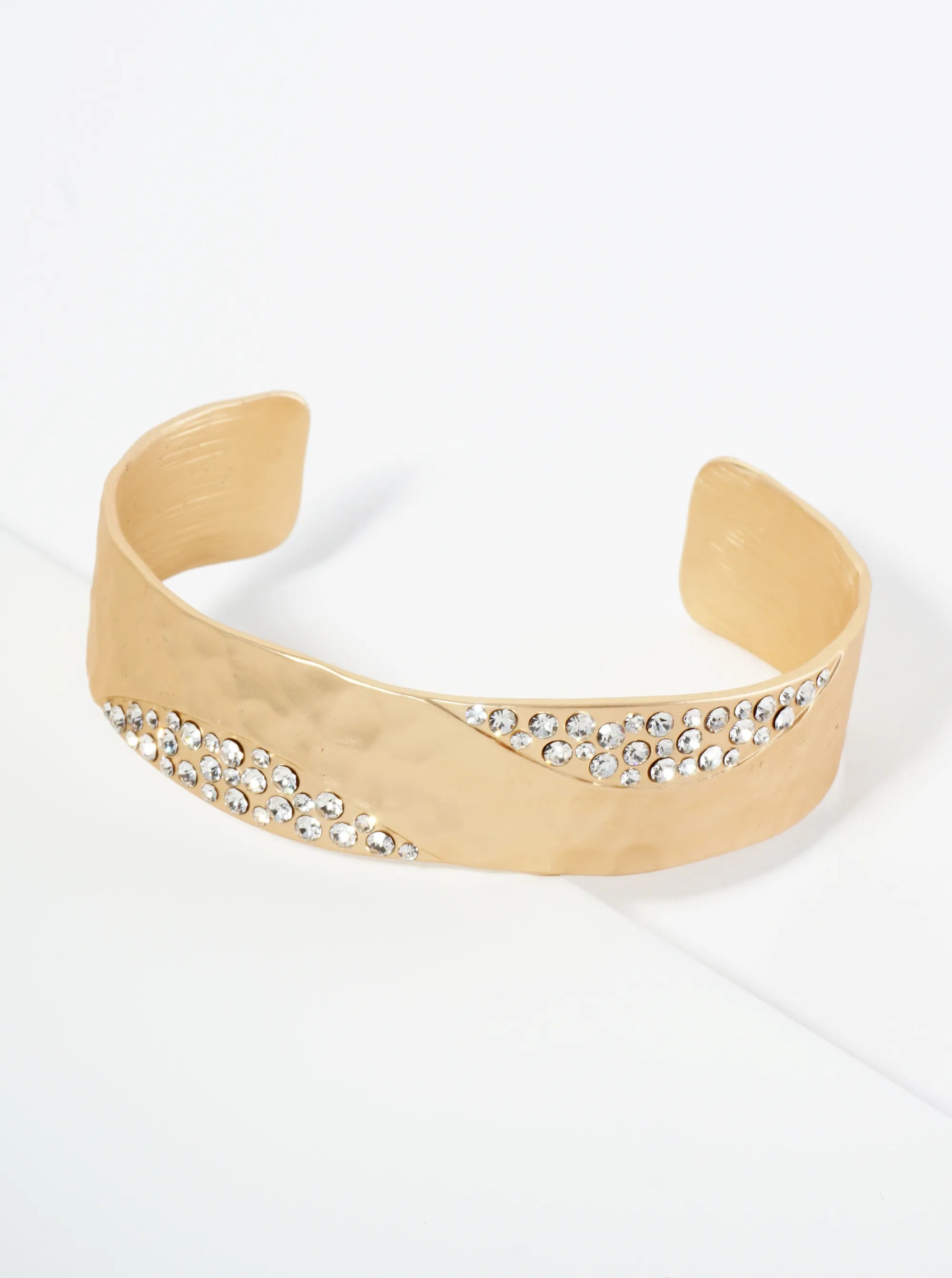 Crystal Pave Hammered Metal Open Cuff Bracelet