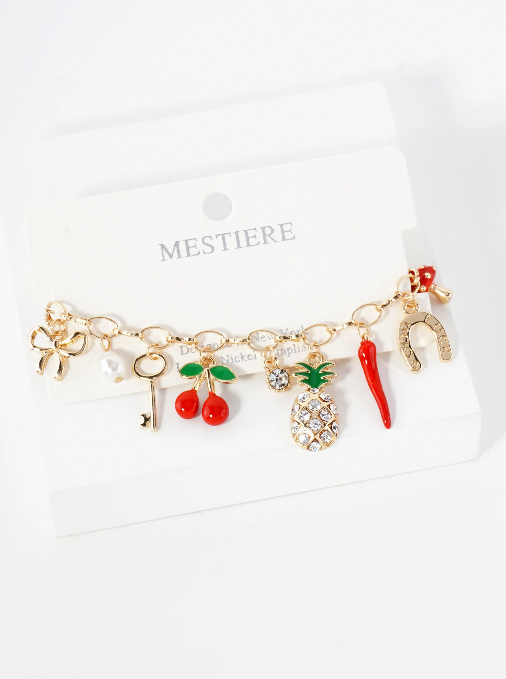 Crystal-Pave Quatrefoil Pineapple Horseshoe Bow Cherry Key Pearl Pepper Mushroom Flower Lucky Charm Bracelet
