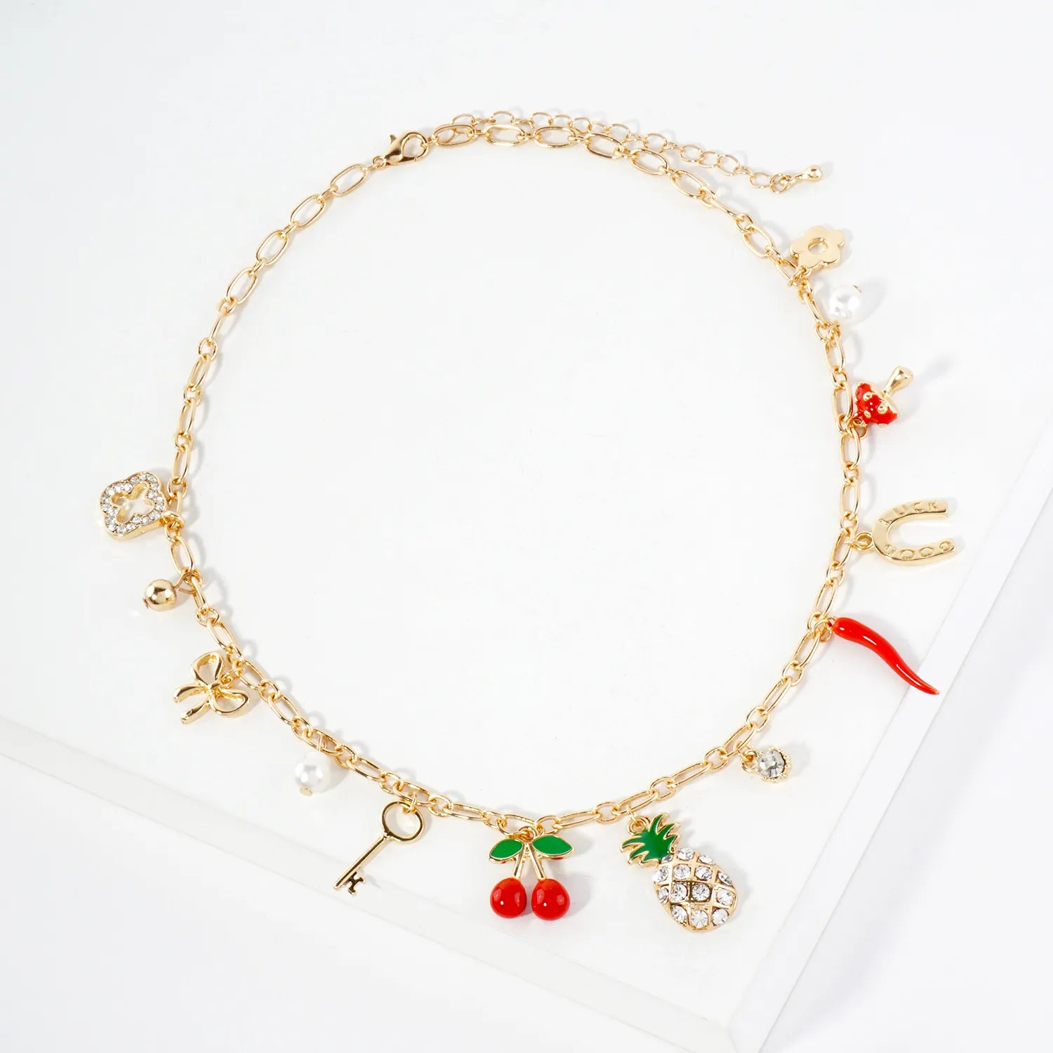 Crystal-Pave Quatrefoil Pineapple Horseshoe Bow Cherry Key Pearl Pepper Mushroom Flower Lucky Charm Necklace