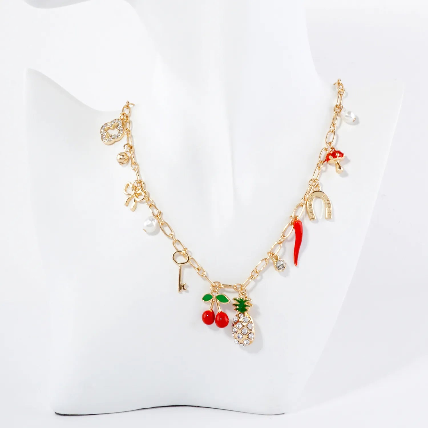 Crystal-Pave Quatrefoil Pineapple Horseshoe Bow Cherry Key Pearl Pepper Mushroom Flower Lucky Charm Necklace