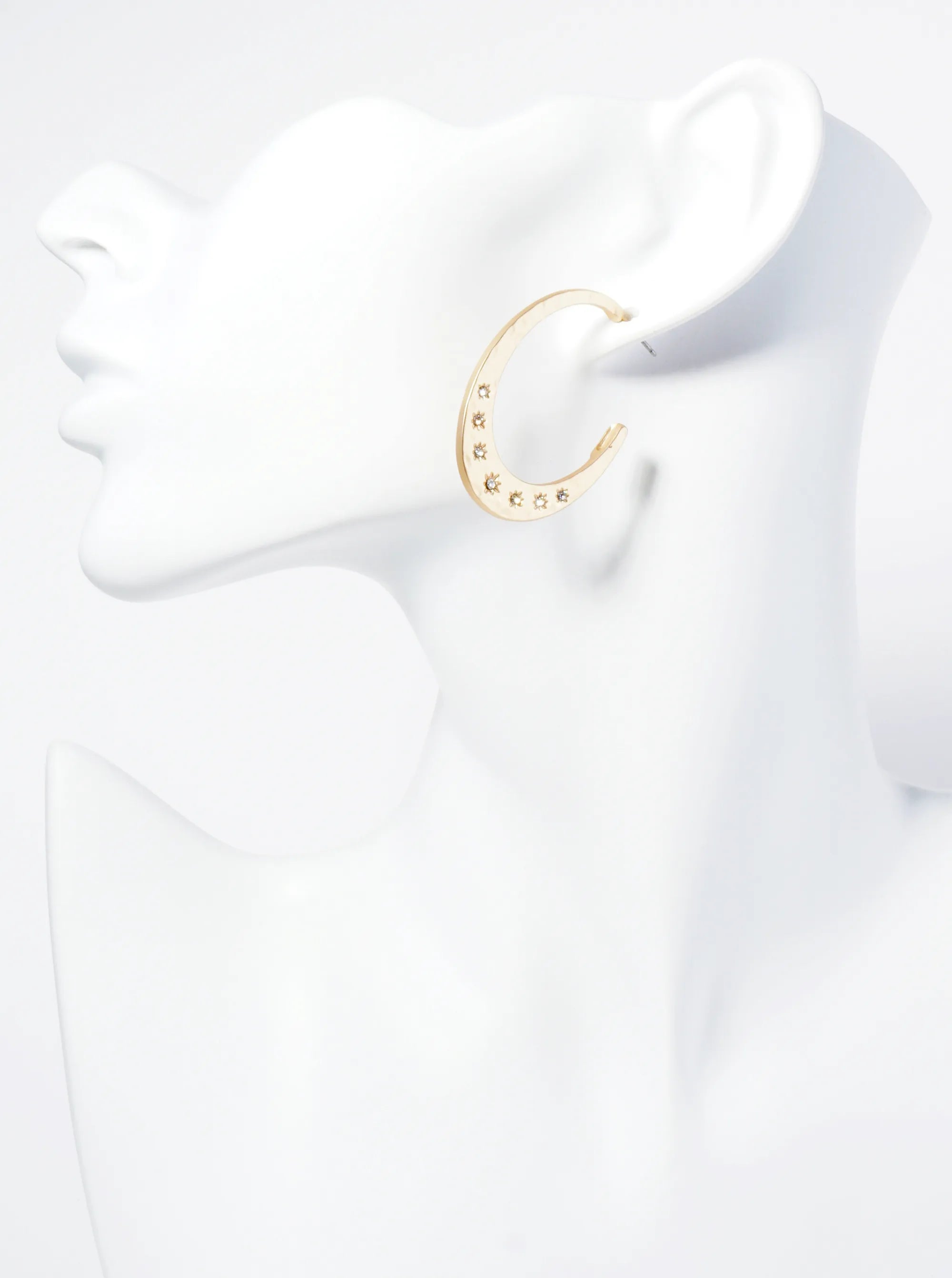 Crystal Studded Hammered Metal Oval Shape Wide Hoop Earrings