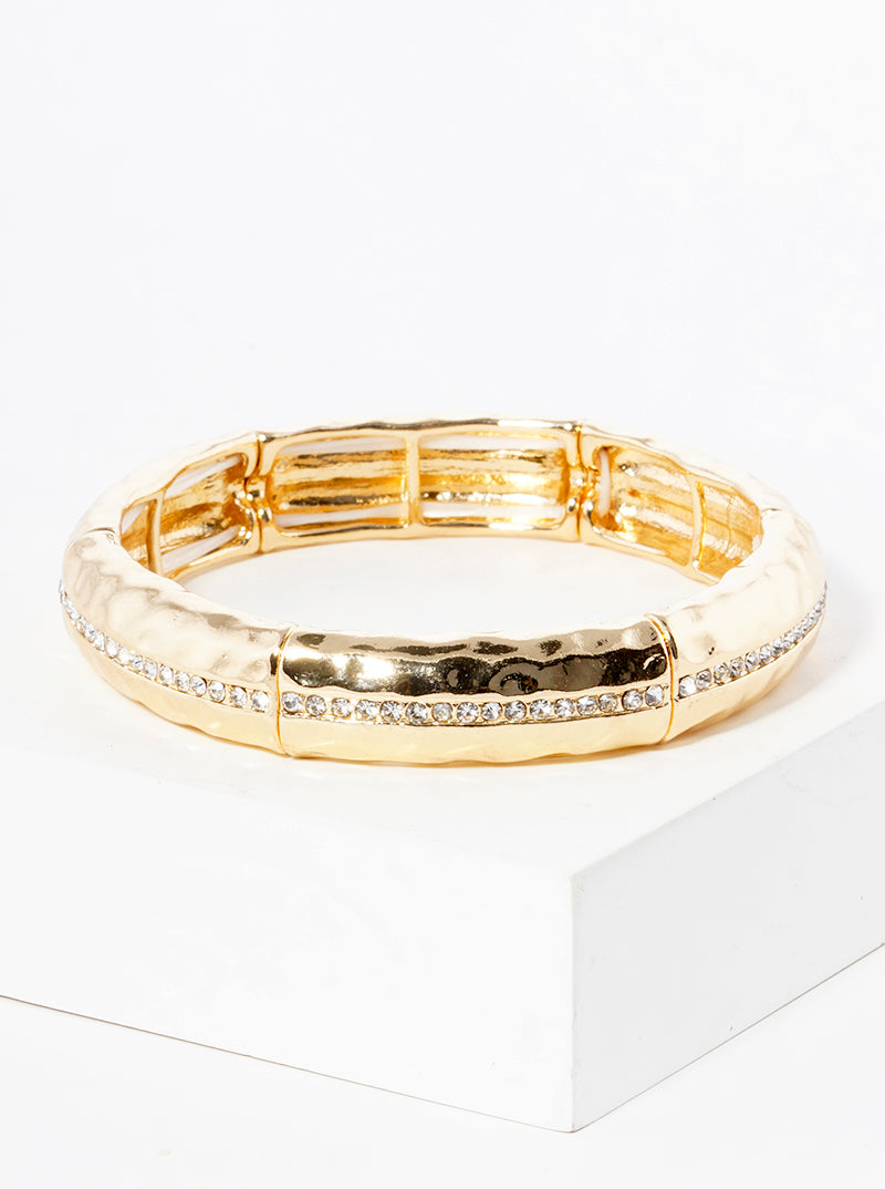 Crystal Pave Hammered Metal Stretch Bangle Bracelet