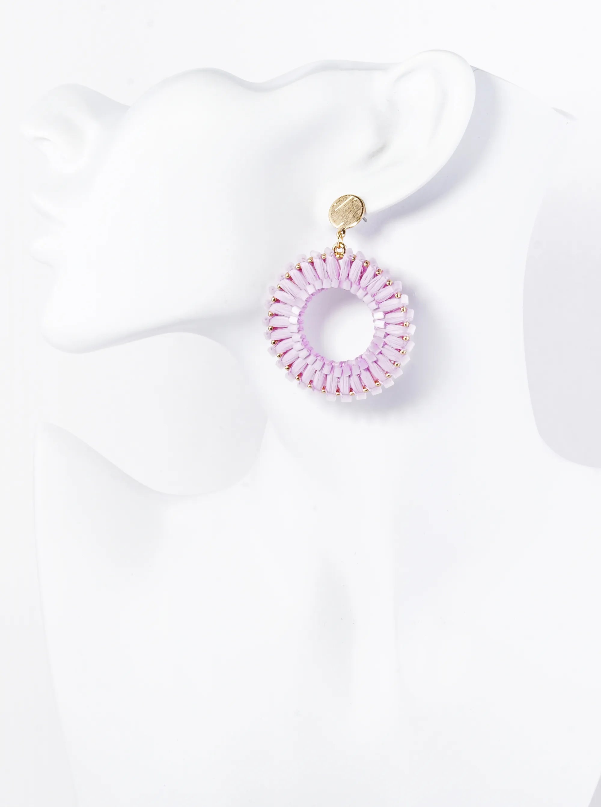 Cylinder Beaded Raffia Circle Drop Dangle Post Earrings