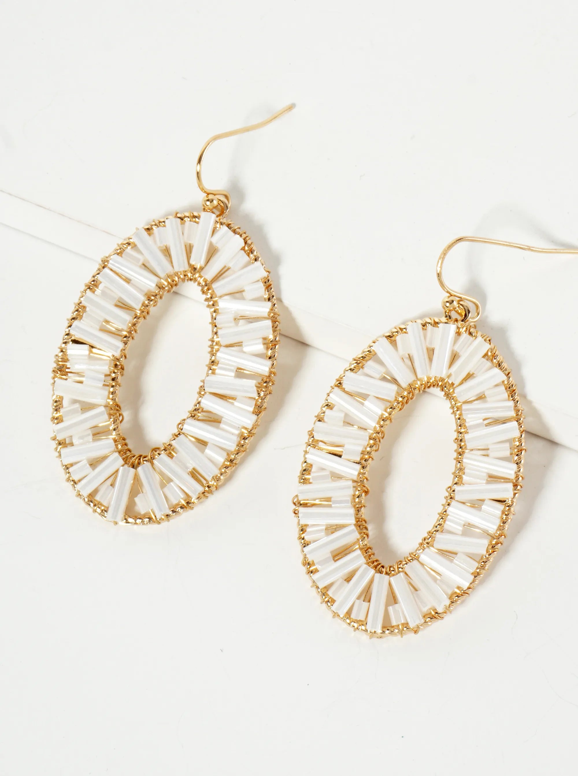 Cylinder Beads Wire Wrapped Oval Dangle Earrings