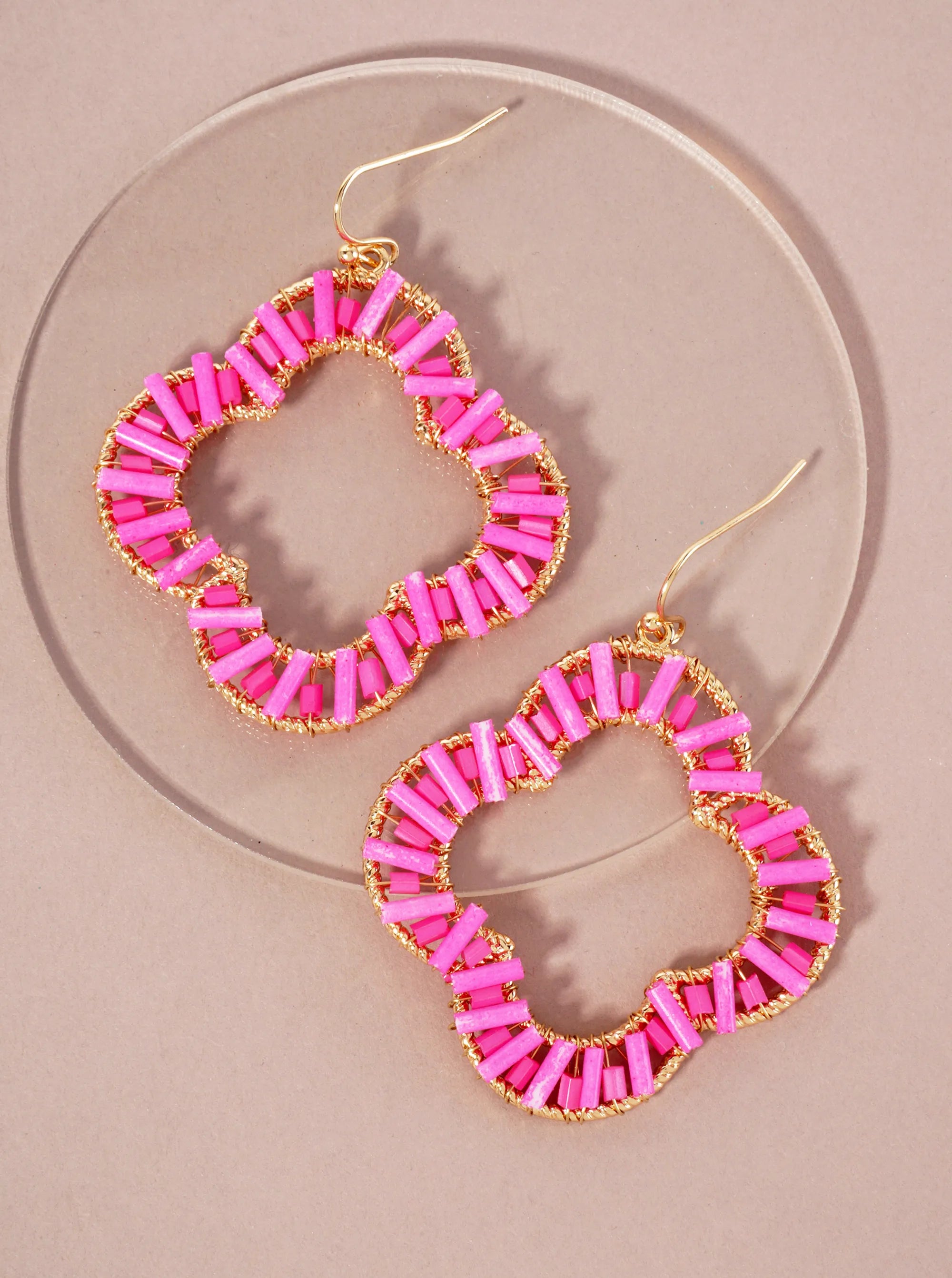 Cylinder-Beads Wire-Wrapped Quatrefoil Dangle Drop Earrings