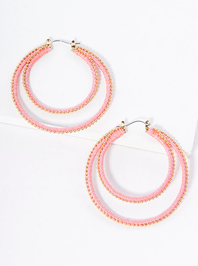Double Circle Raffia Wrapped In String Hoop Earrings