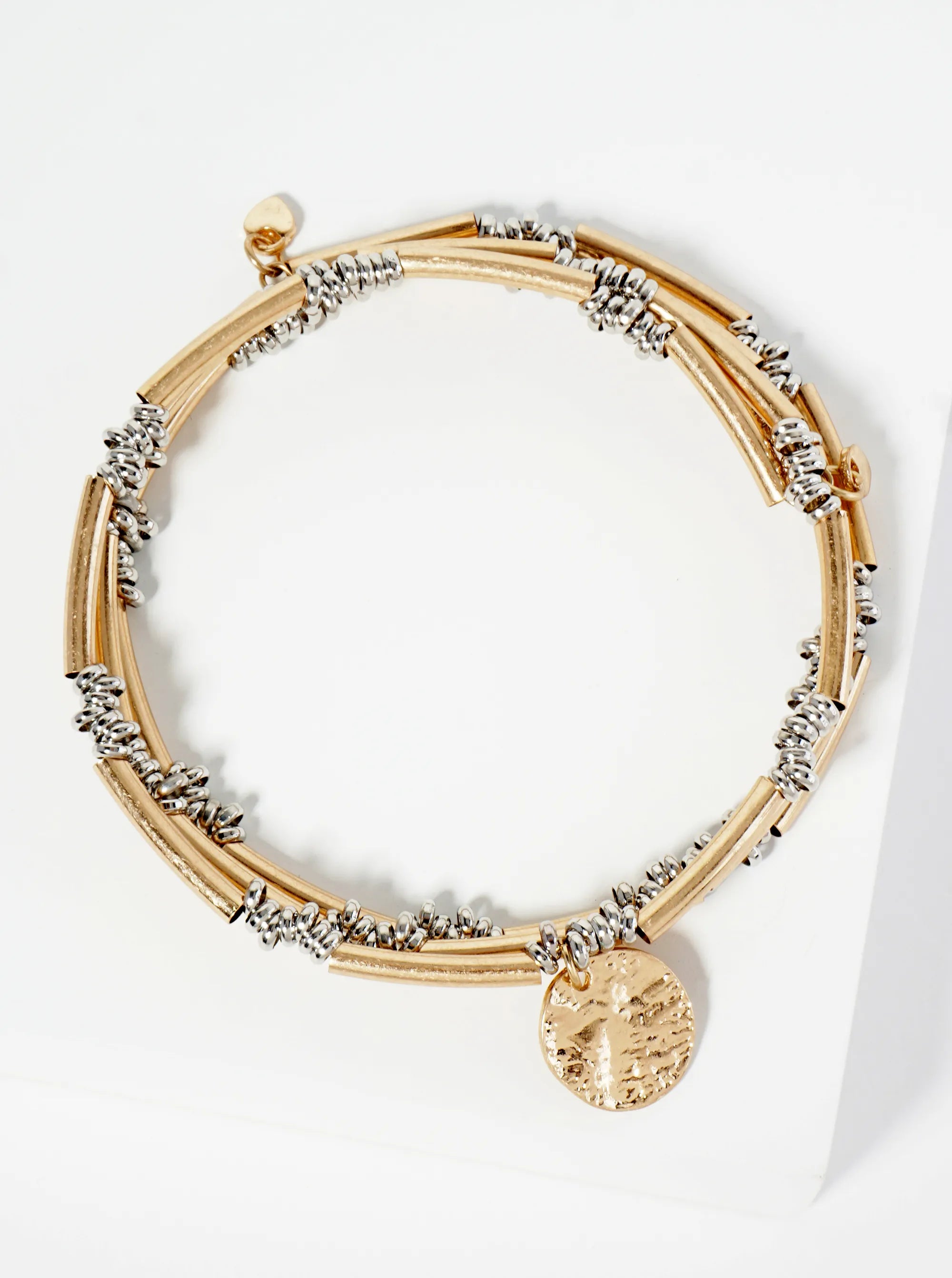 Dual-Tone Elastic Spring Bracelet With Hammered Disc Charm