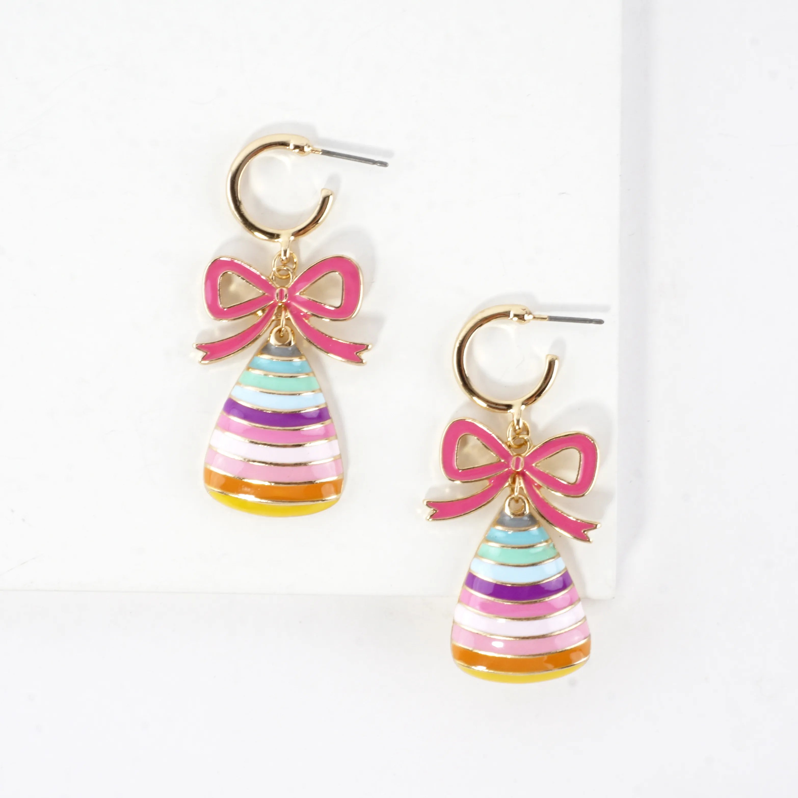 Enamel Candy Corn Bow Dangle Hoop Earrings