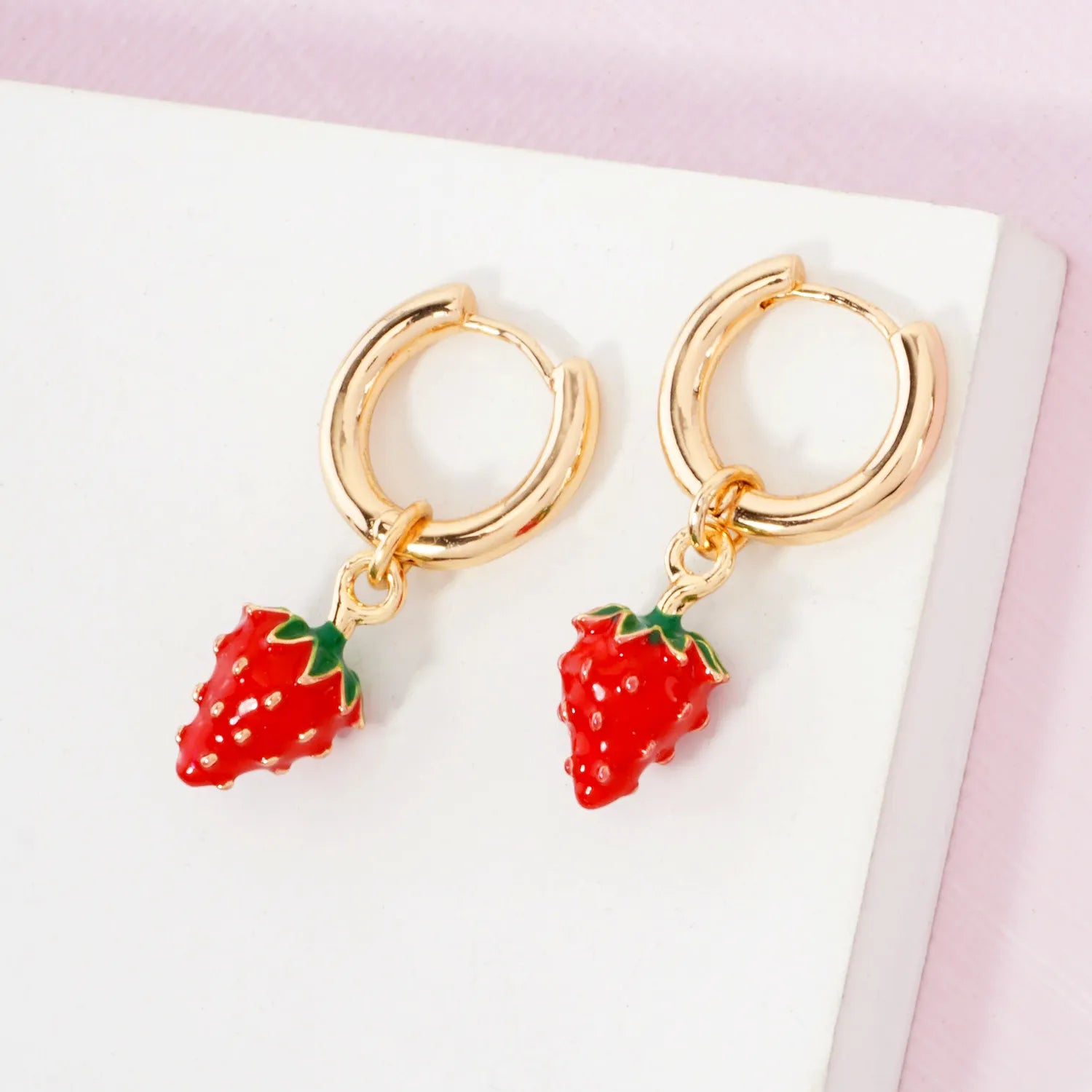 Enamel Strawberry Drop 10mm Huggie Hoop Earrings