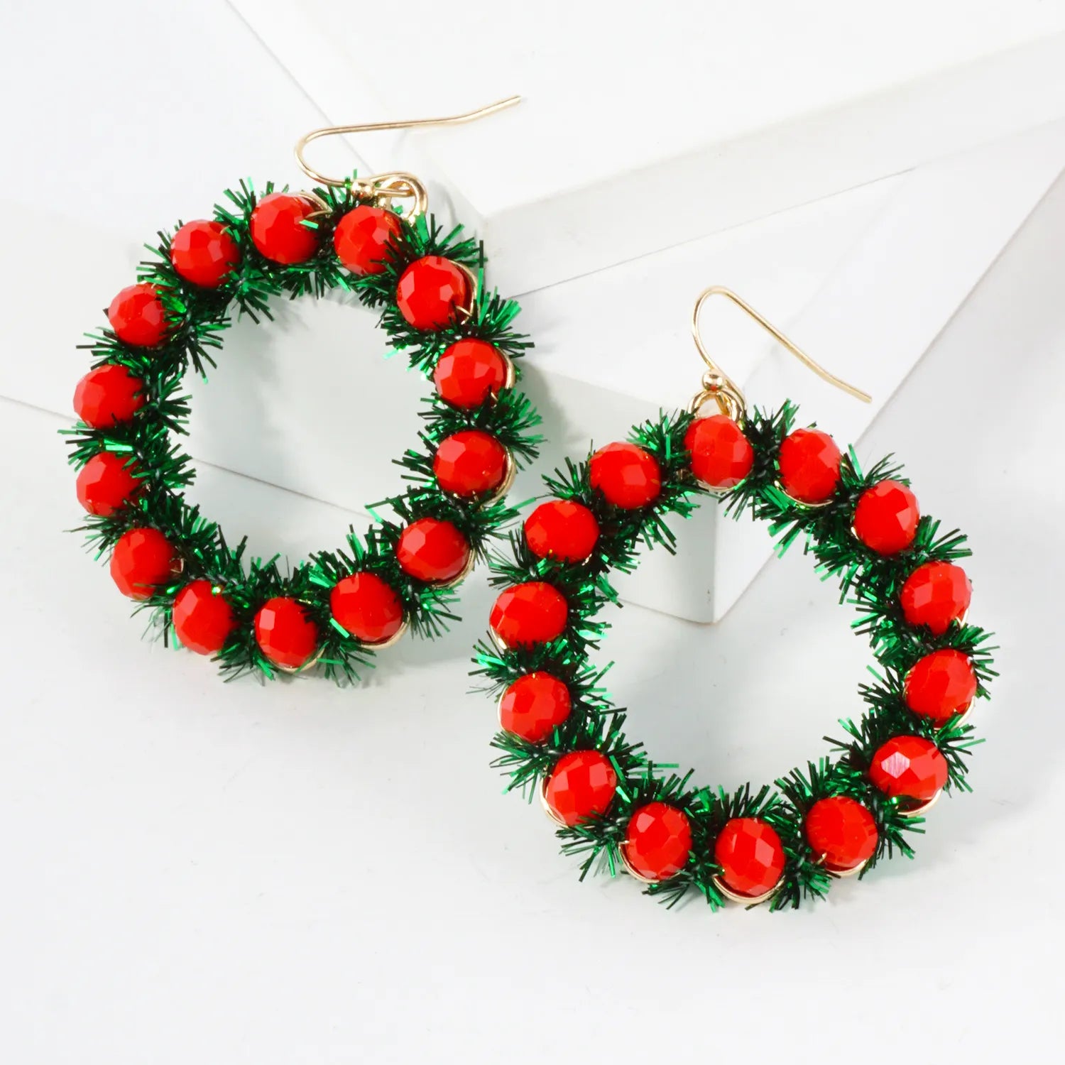 Faceted Glass Beaded Christmas Wreath Earrings