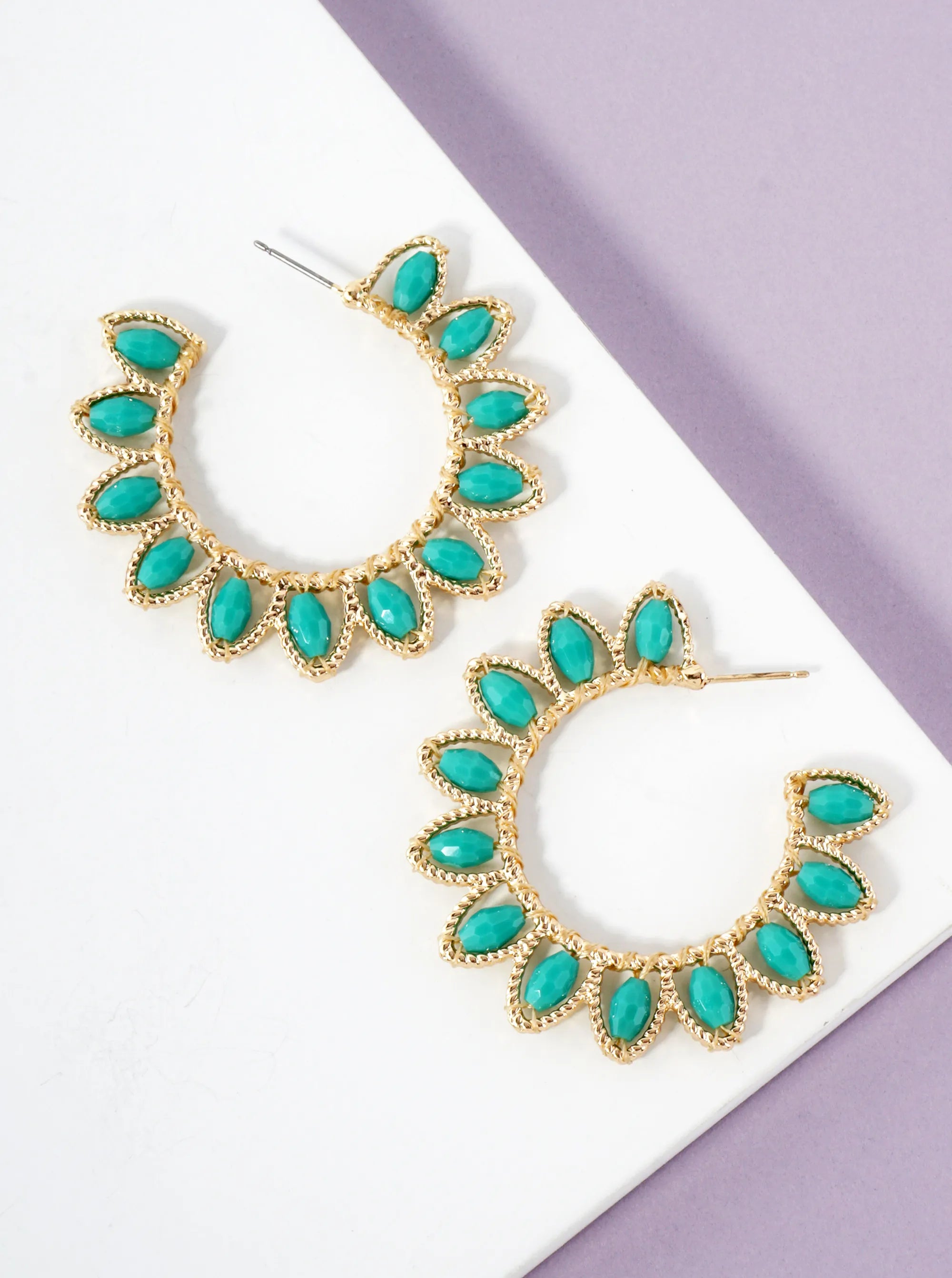 Faceted Glass Beaded Floral 40mm Statement Open Hoop Earrings
