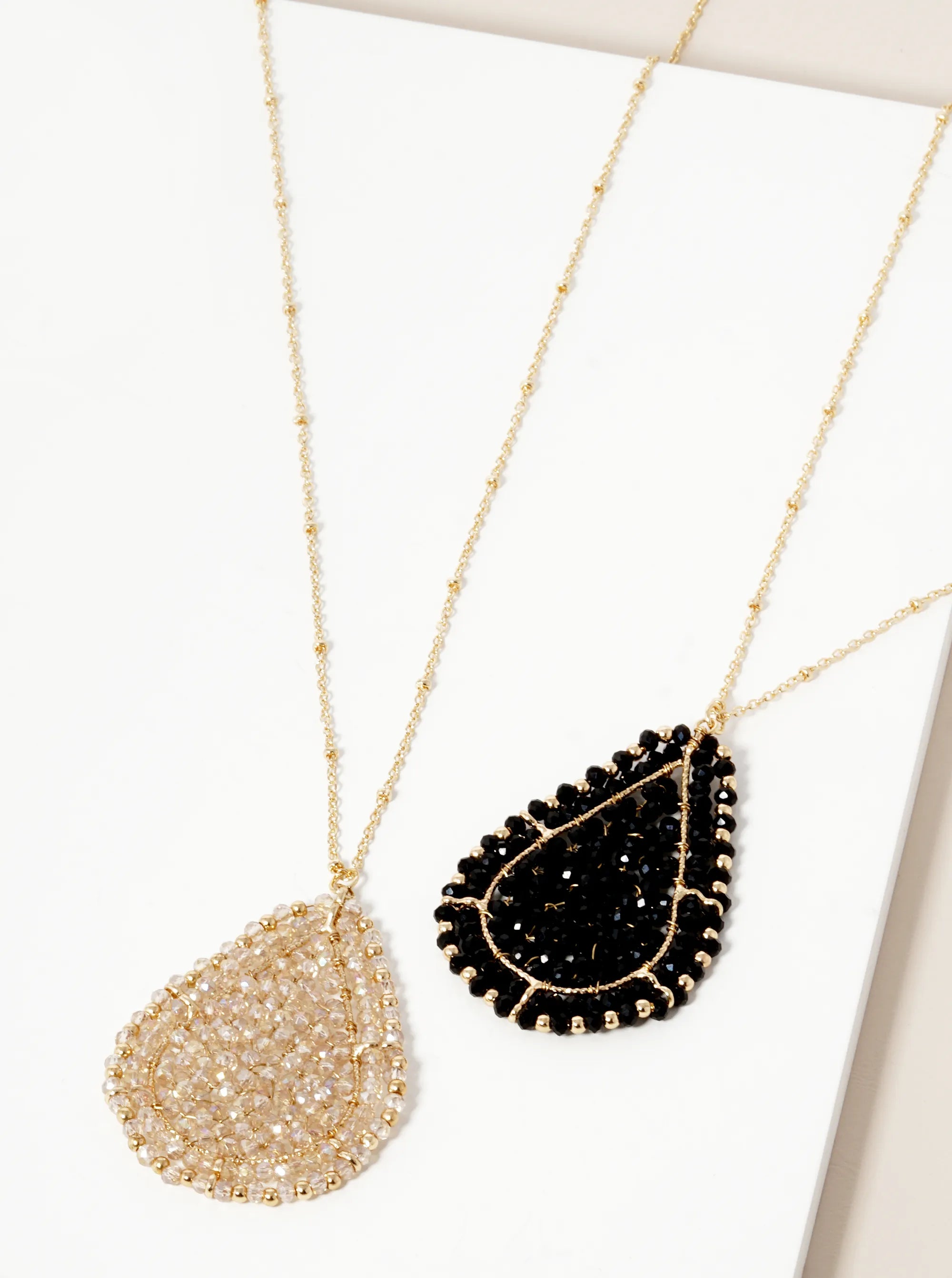 Faceted Glass Beaded Teardrop Pendant Long Necklace