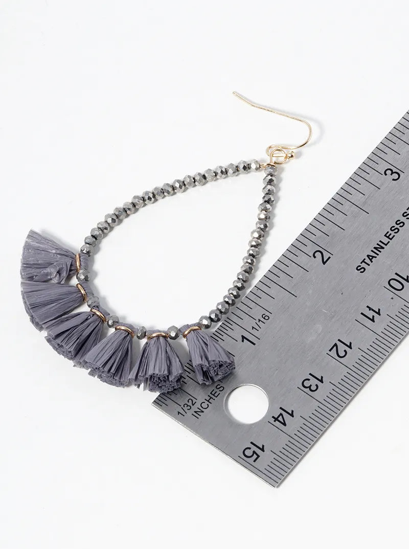 Faceted Glass Beaded Teardrop Raffia Fringe Dangle Drop Earrings