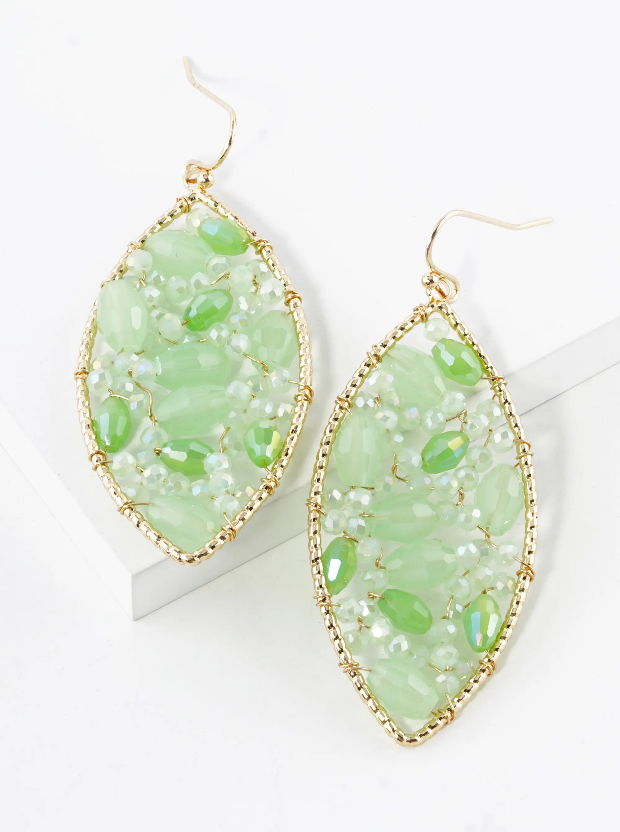 Faceted Glass Beads Wire Wrapped Marquise Shape Dangle Drop Earrings