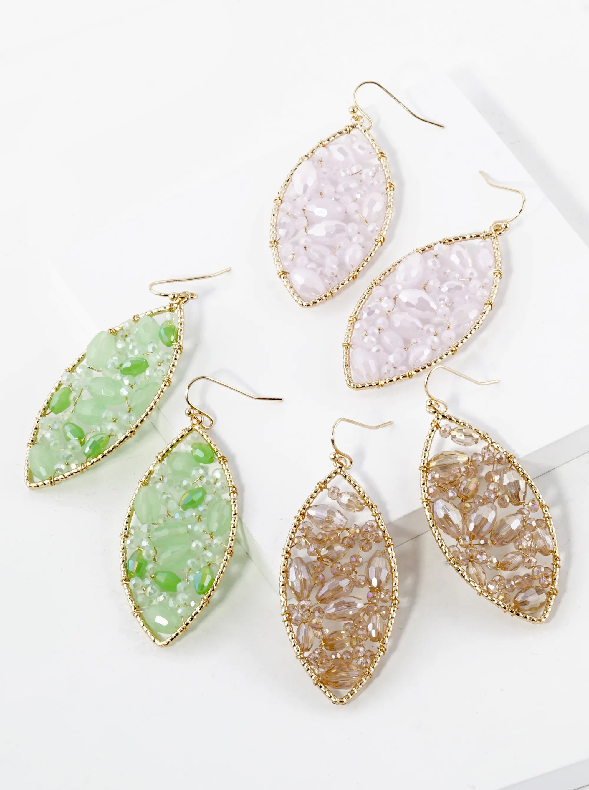 Faceted Glass Beads Wire Wrapped Marquise Shape Dangle Drop Earrings