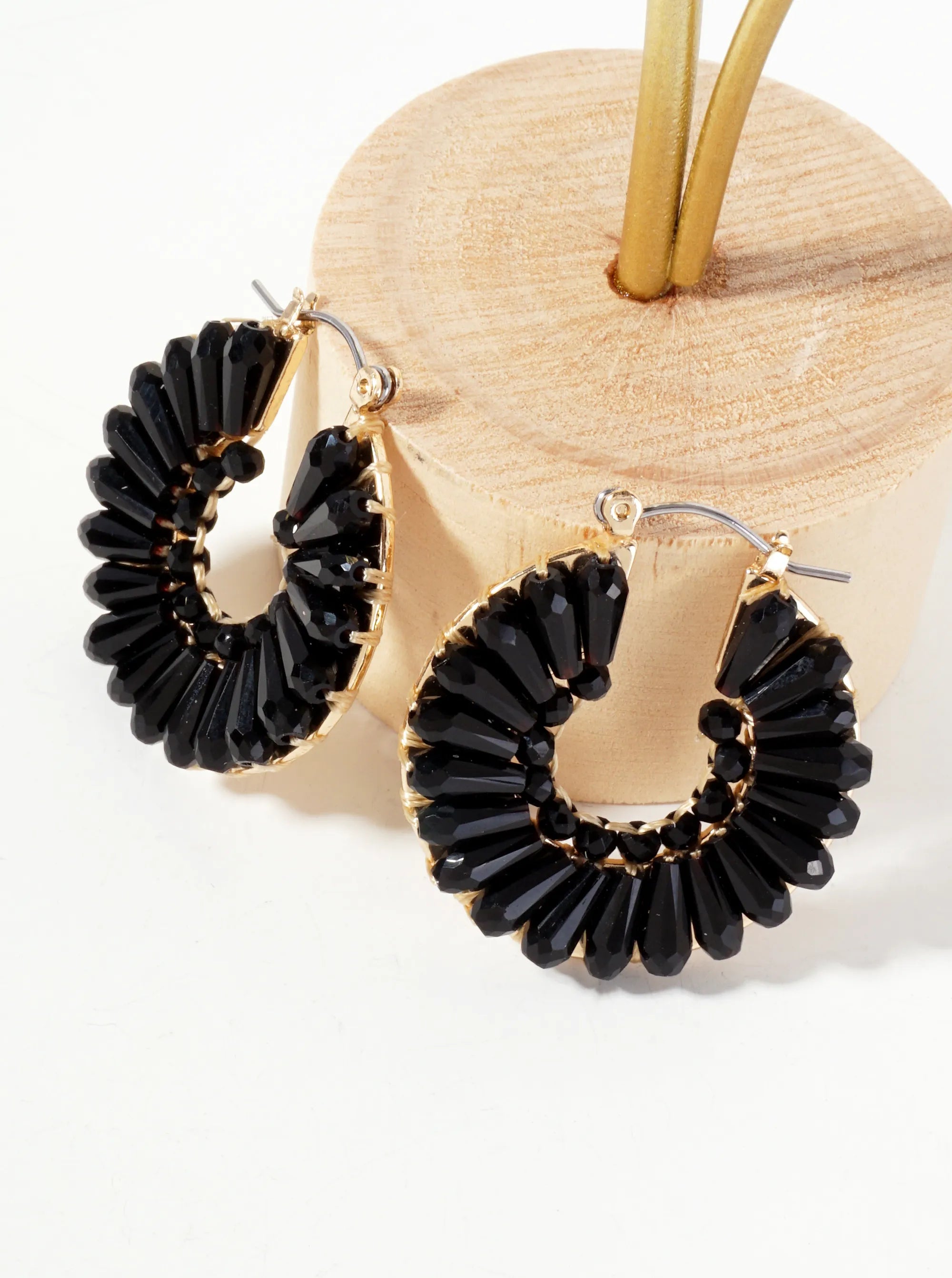 Faceted-Glass-Beads Wrapped 30mm Latch-Back Hoop Earrings