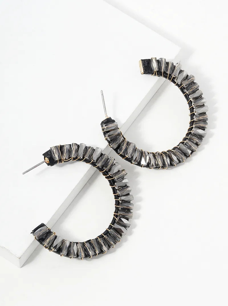 Faceted Glass Beads And Raffia Wrapped Open Hoop Earrings