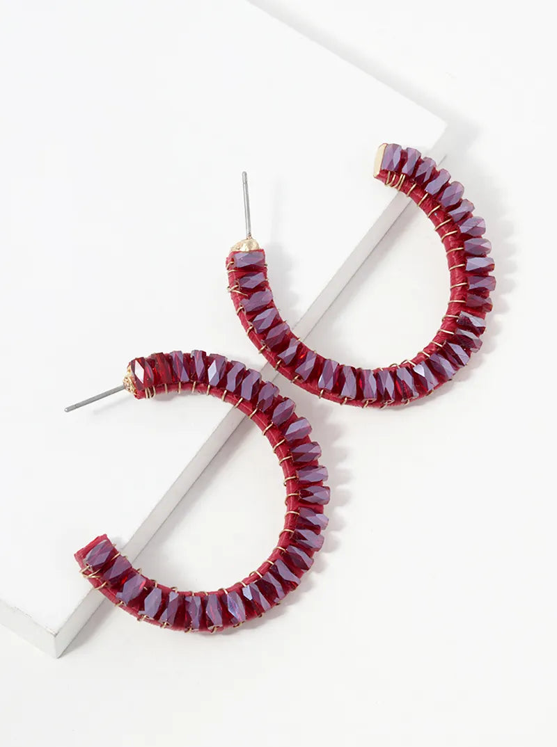 Faceted Glass Beads And Raffia Wrapped Open Hoop Earrings